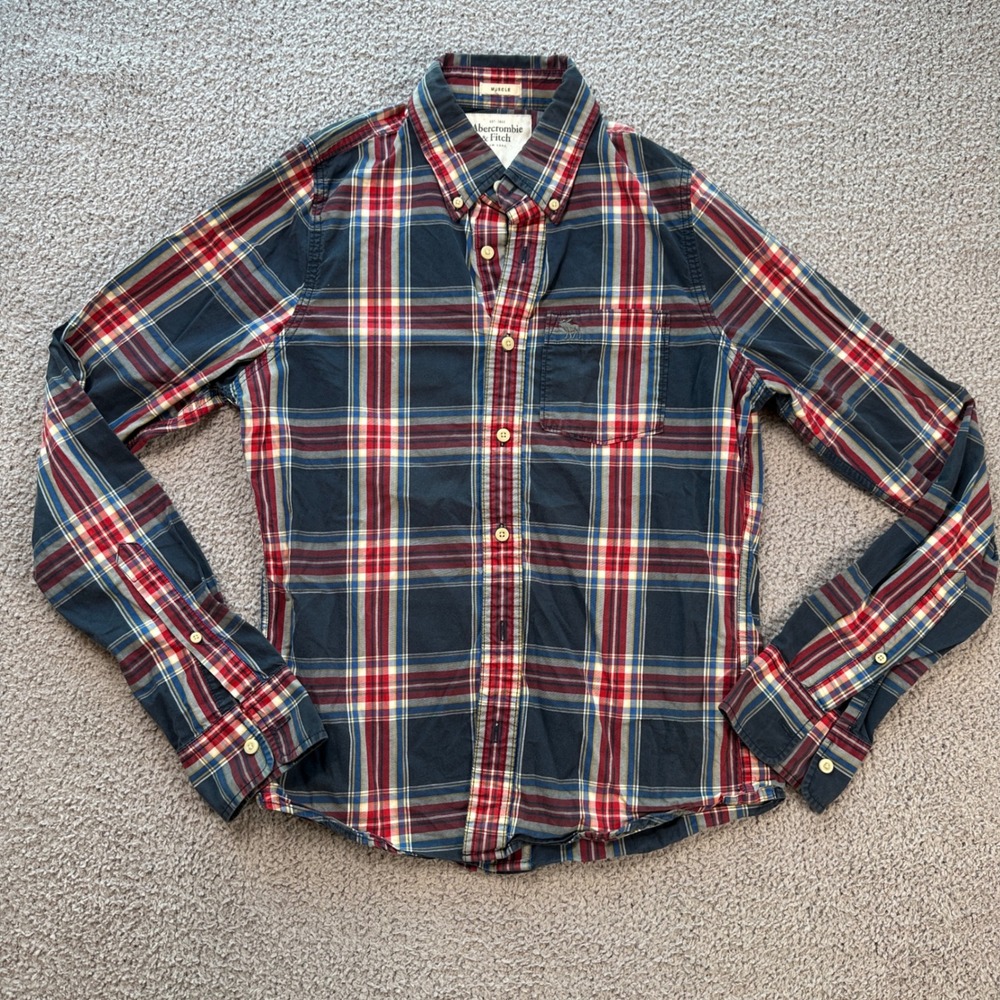 Abercrombie‎ & Fitch Mens Muscle Fit Plaid Button Down Shirt Navy Medium Preppy